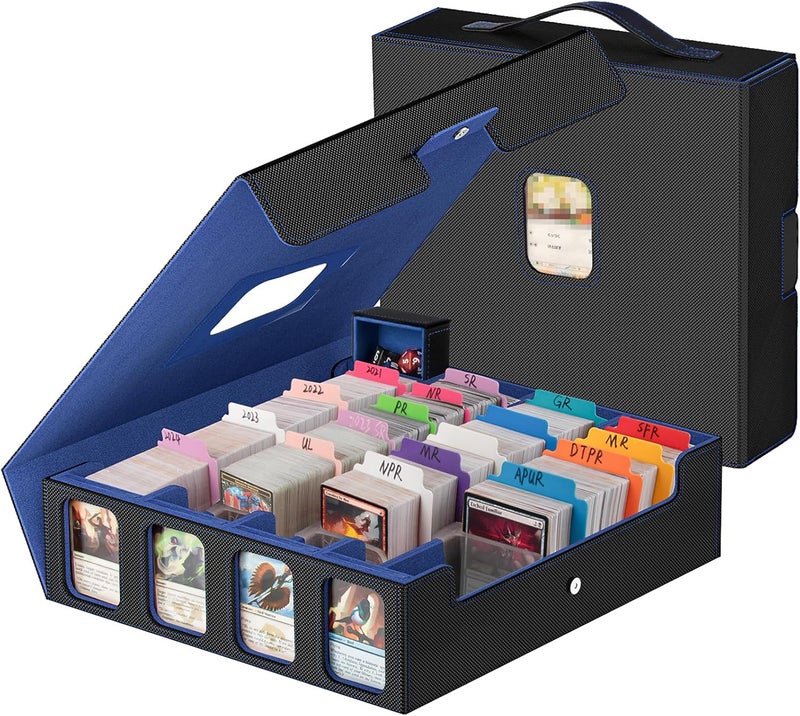 Gomyrod 3200+ Trading Card Storage Box with Commander Display, 4-Row TCG Card Box with Portable Handle, Compatible for TCG/MTG/Magic Cards, 30 Colorful Divider, 8 Supporters, US Design Patent (Black&Blue) - Image 1